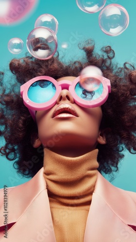 Playful woman with curly hair and oversized pink glasses surrounded by bubbles, AI