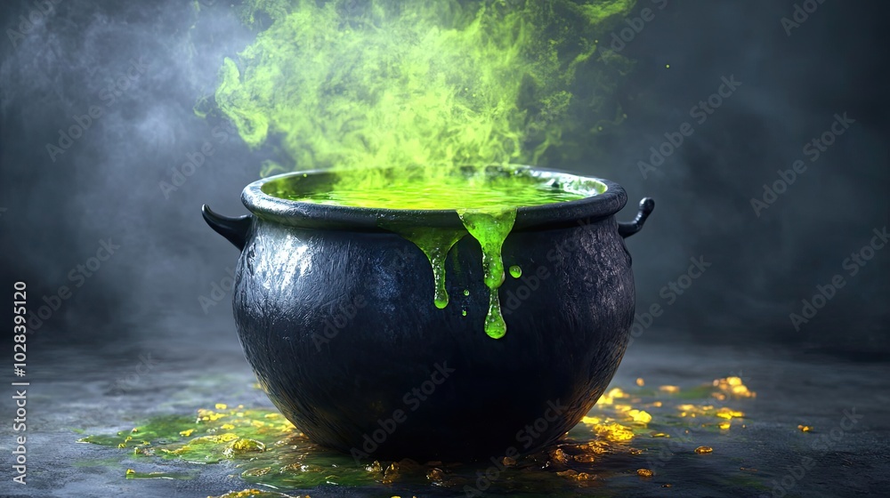 A Black Cauldron Filled with Green Potion and Smoke A Black Cauldron Filled with Green Potion and Smoke