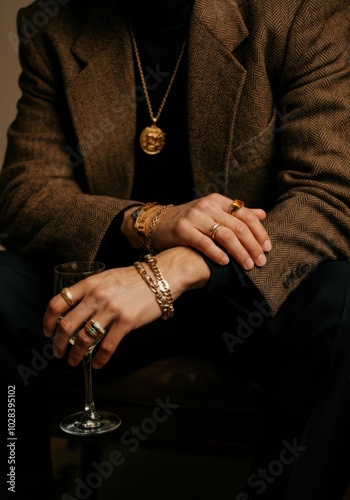 Stylish man with jewelry and glass of champagne in elegant attire