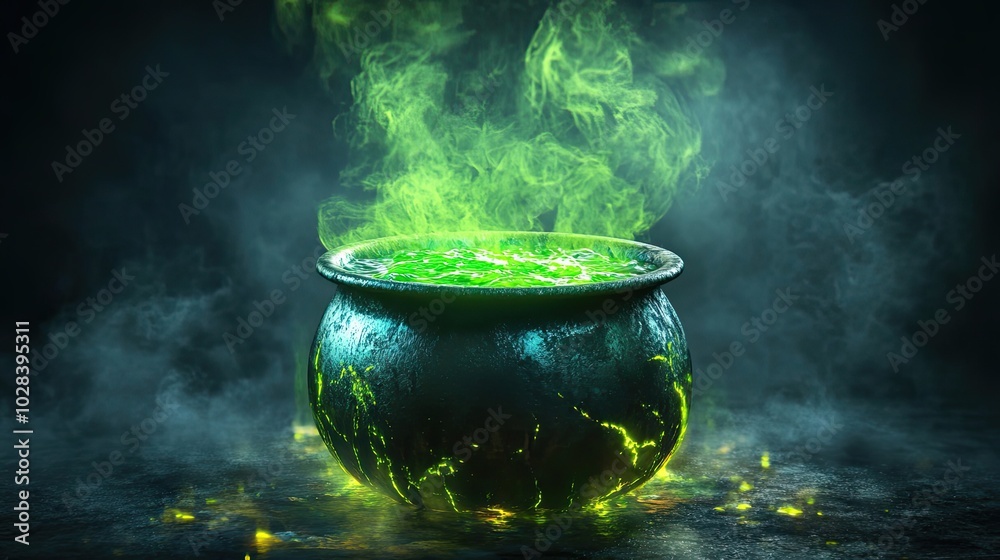 A cauldron filled with green potion, emitting green smoke and glowing with light from below.