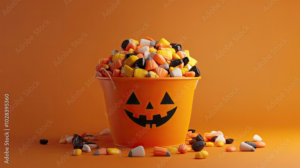 A Pumpkin-Shaped Bucket Filled with Halloween Candy A Pumpkin-Shaped Bucket Filled with Halloween Candy