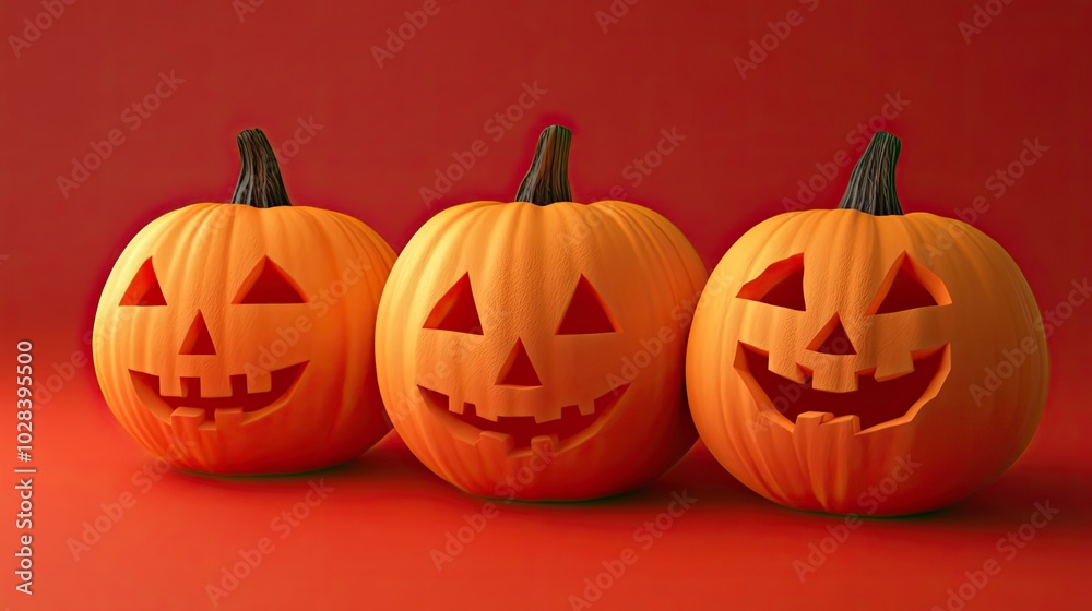 Three Carved Pumpkins with Smiling Faces on a Red Background Three Carved Pumpkins with Smiling Faces on a Red Background