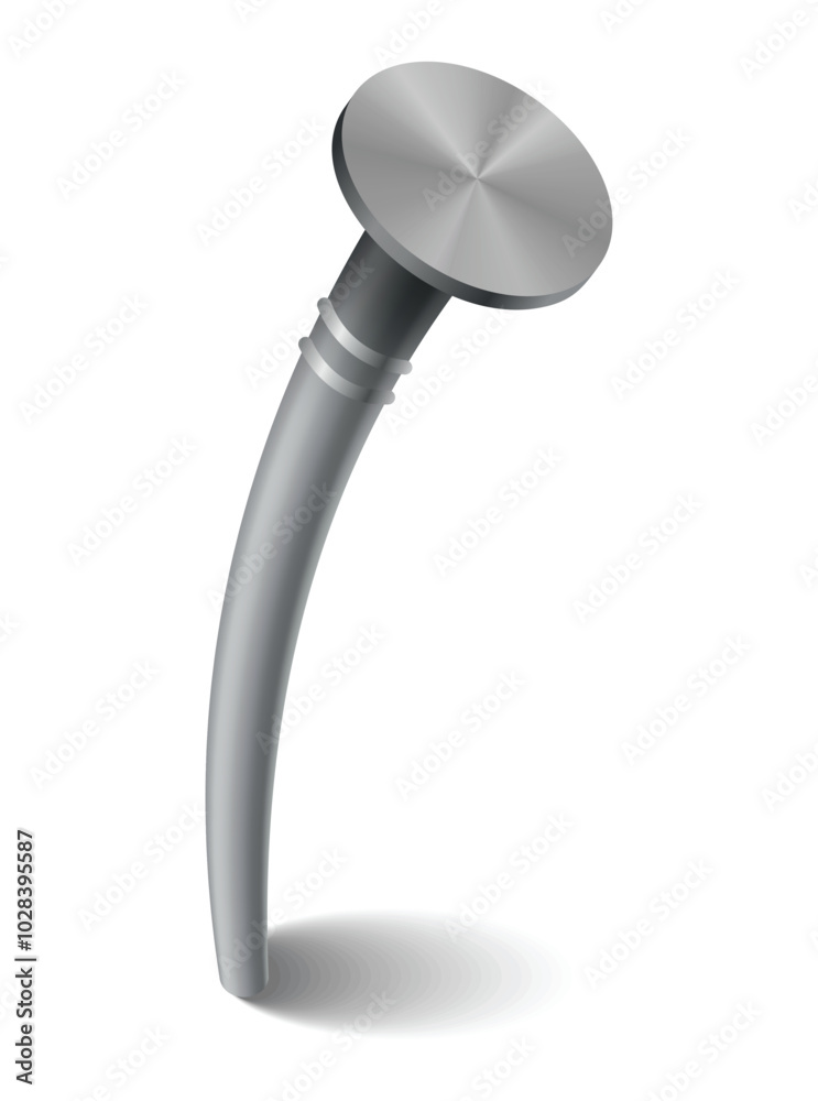 Hammered nail on surface. Iron, steel or silver pin head. Bent metal spike or hobnail with cap in cartoon style. Vector grey hardware for home construction, isolated on white background
