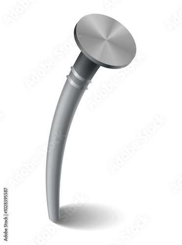 Obraz na płótnie Hammered nail on surface. Iron, steel or silver pin head. Bent metal spike or hobnail with cap in cartoon style. Vector grey hardware for home construction, isolated on white background w salonie