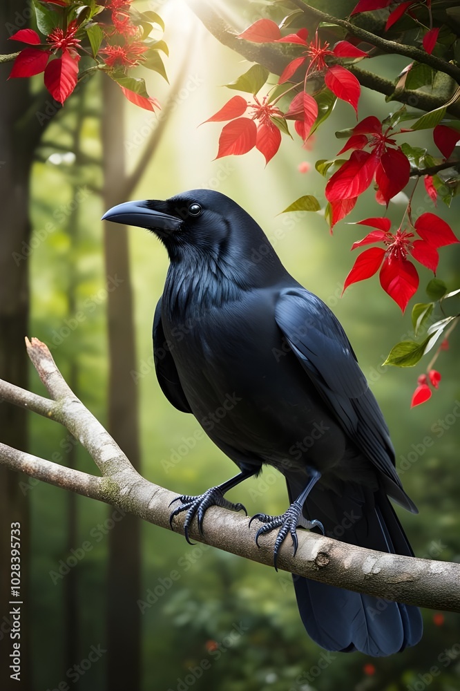 A beautiful black crow perched on a tree branch A beautiful black crow perched on a tree branch
