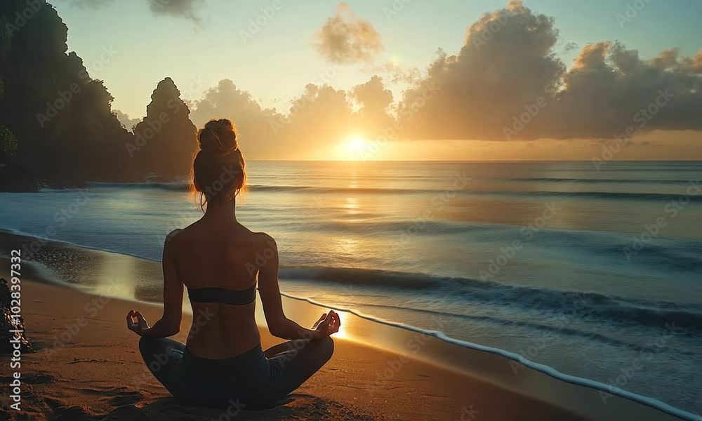 A serene figure meditating on a beach at sunset. A serene figure meditating on a beach at sunset.