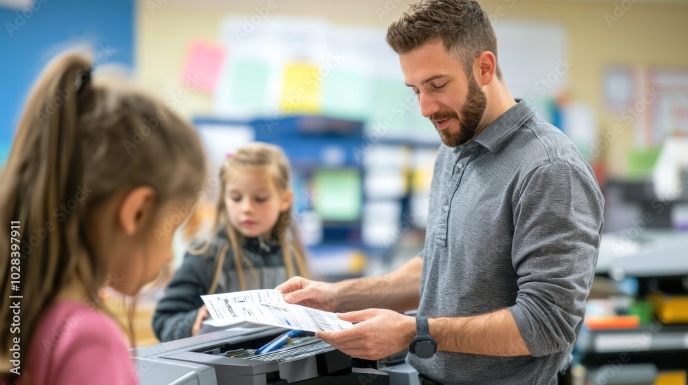 A teacher demonstrates the use of a duplicator to create handouts for students illustrating the role of technology in education and learning A teacher demonstrates the use of a duplicator to create handouts for students illustrating the role of technology in education and learning