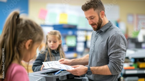 A teacher demonstrates the use of a duplicator to create handouts for students illustrating the role of technology in education and learning