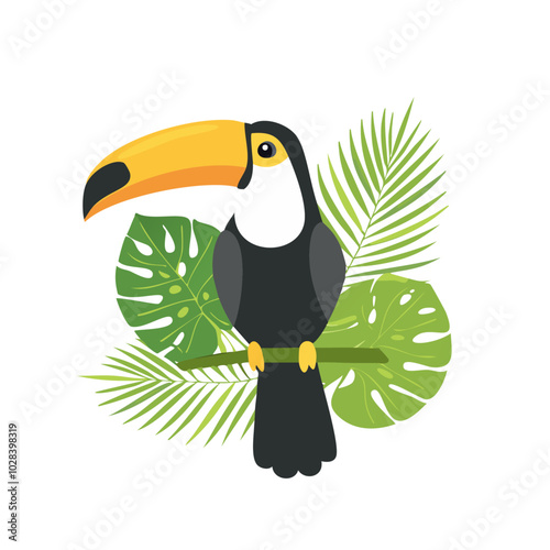 Toucan bird sitting on a branch with palm leaves vector illustration. Exotic animal and jungle branches arrangement for prints and design.