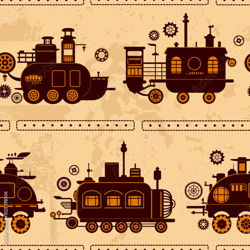Seamless pattern with steam engine machines. Tiling pattern with steampunk style steam powered carriage silhouettes. Endless texture can be used for pattern fills, web page background, fabric texture
