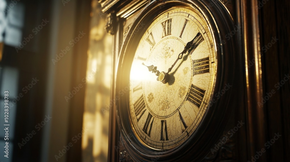 A close-up of a clock with the sunlight illuminating its face, symbolizing the passage of time in daylight A close-up of a clock with the sunlight illuminating its face, symbolizing the passage of time in daylight