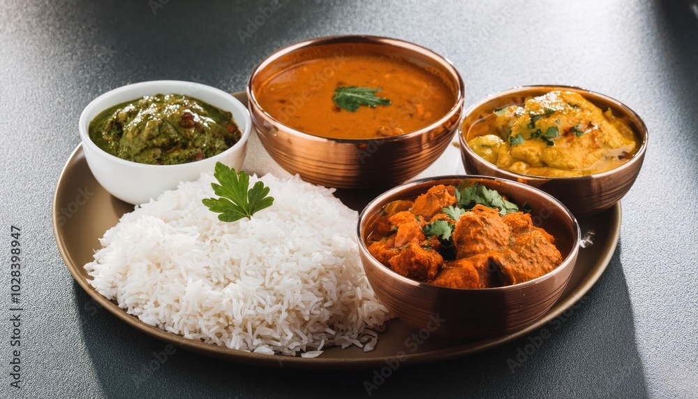 Delicious Indian Cuisine Spread with Rice and Curries Delicious Indian Cuisine Spread with Rice and Curries