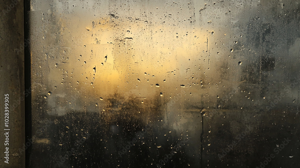 Rain-streaked window with water droplets in soft rain Rain-streaked window with water droplets in soft rain