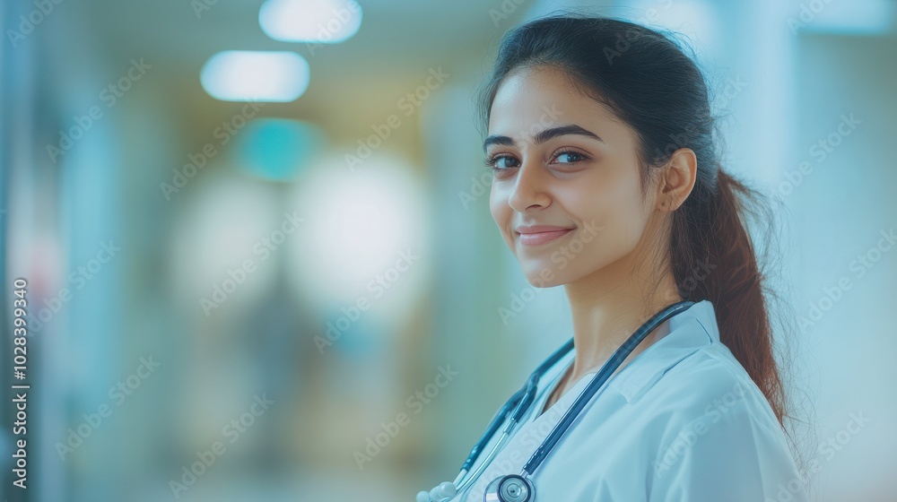 Fototapeta premium Portrait confident proud Indian professional therapist in medical uniform and stethoscope, standing in hospital on blurred background looking to side and smiling friendly. Medicine concept