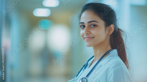 Portrait confident proud Indian professional therapist in medical uniform and stethoscope, standing in hospital on blurred background looking to side and smiling friendly. Medicine concept