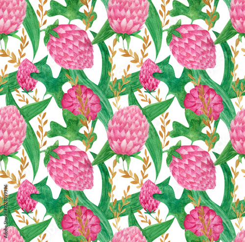 Seamless watercolor clover pattern on a transparent background. Hand-drawn trefoil design for wallpaper, fabric, and wrapping paper. Wildflower illustration with a field backdrop. photo