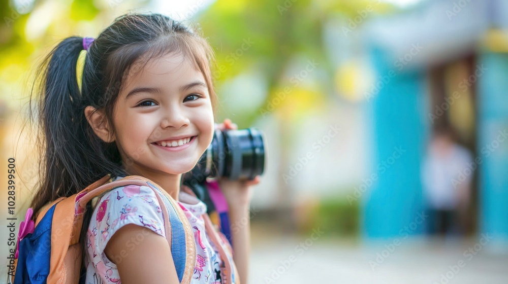 A proud parent taking a photo of their daughter on her first day of school, capturing the excitement and nervousness in her smile A proud parent taking a photo of their daughter on her first day of school, capturing the excitement and nervousness in her smile