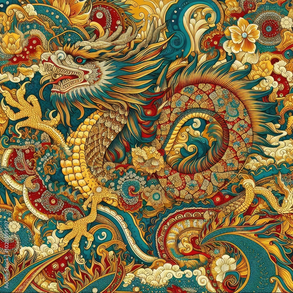 Intricate Golden and Teal Dragon in Ornate Asian Design with Generative AI. Intricate Golden and Teal Dragon in Ornate Asian Design with Generative AI.