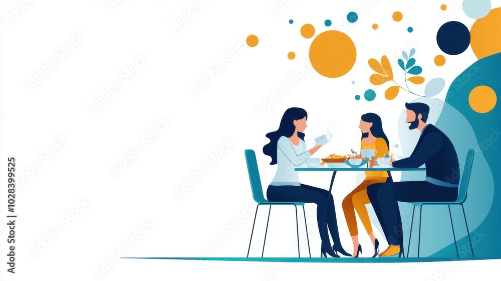 A family enjoys a meal together, laughing and talking around the dinner table. The positivity and love between them create a warm, happy atmosphere., flat design illustration A family enjoys a meal together, laughing and talking around the dinner table. The positivity and love between them create a warm, happy atmosphere., flat design illustration