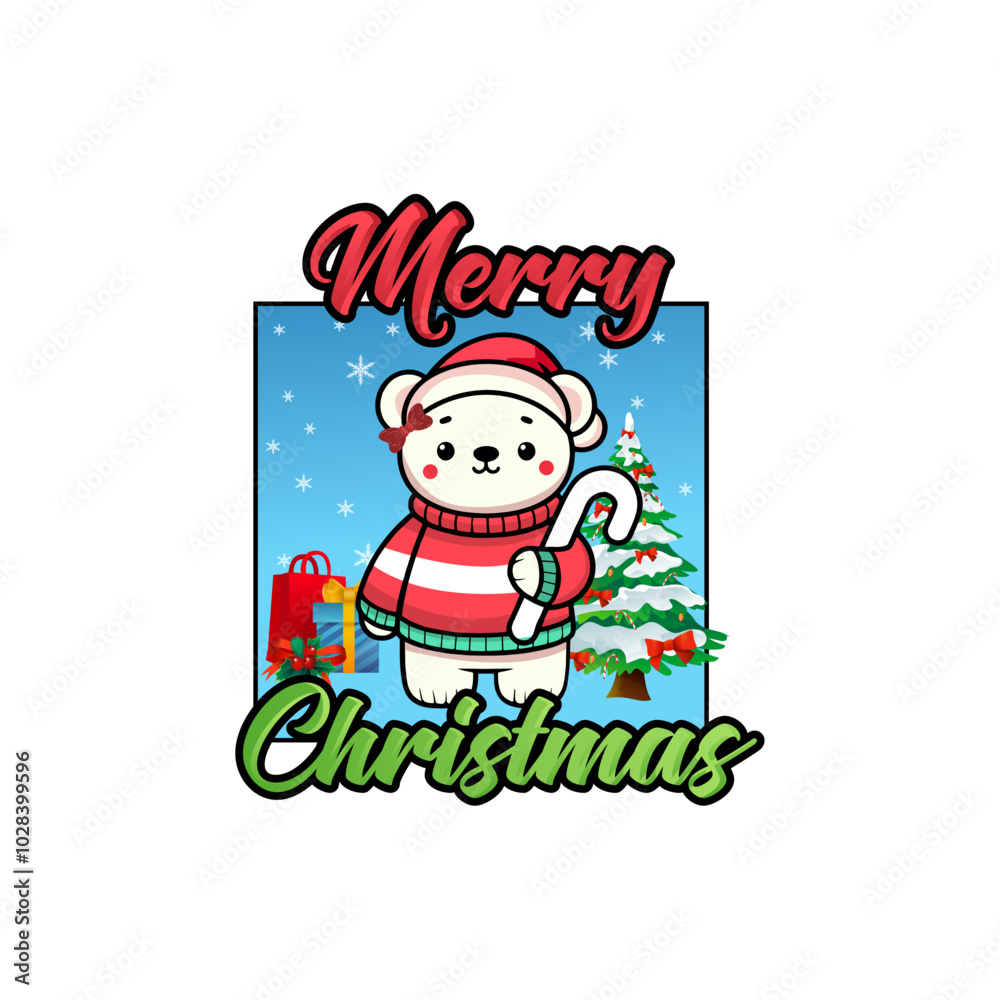 Merry Christmas Greeting with Cute Bear, Candy Cane, and Christmas Tree - Kawaii Holiday Vector Merry Christmas Greeting with Cute Bear, Candy Cane, and Christmas Tree - Kawaii Holiday Vector