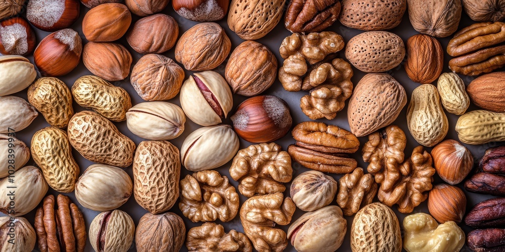 Assorted Nuts Collection. Mix of Pecan, Hazelnuts, Walnuts, Pistachios, Almonds, Macadamia, Cashew and More on Background Assorted Nuts Collection. Mix of Pecan, Hazelnuts, Walnuts, Pistachios, Almonds, Macadamia, Cashew and More on Background