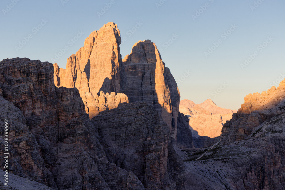 Mountain panorama, first daylight on Tre Cime di Lavaredo, peaks of the Sesto Dolomites, South Tyrol, Alps, Italy, Europe Mountain panorama, first daylight on Tre Cime di Lavaredo, peaks of the Sesto Dolomites, South Tyrol, Alps, Italy, Europe