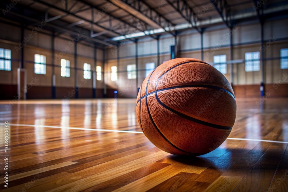 A basketball is sitting on the floor of a gym A basketball is sitting on the floor of a gym