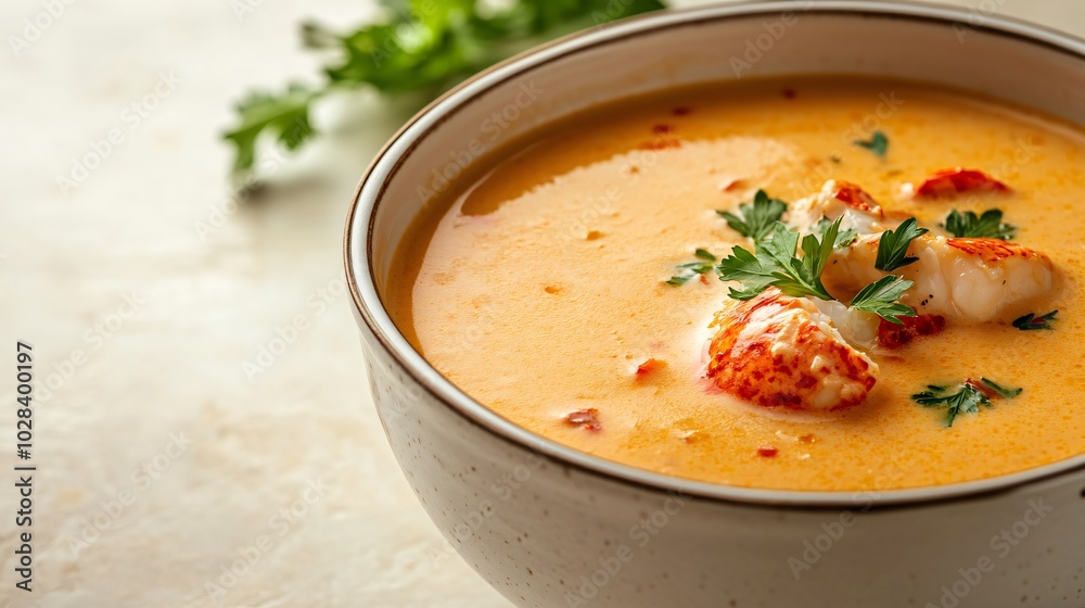 Creamy lobster bisque with fresh parsley in a white bowl. Creamy lobster bisque with fresh parsley in a white bowl.