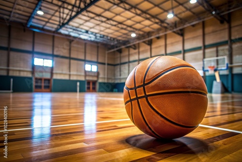 A basketball is sitting on the floor of a gym