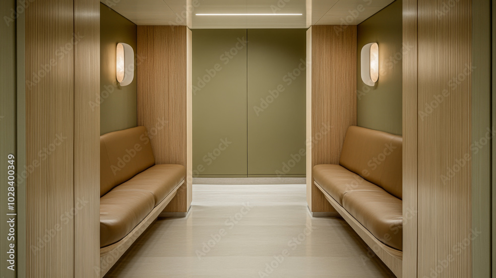 Modern interior design featuring tranquil seating area with wooden elements and soft lighting Modern interior design featuring tranquil seating area with wooden elements and soft lighting