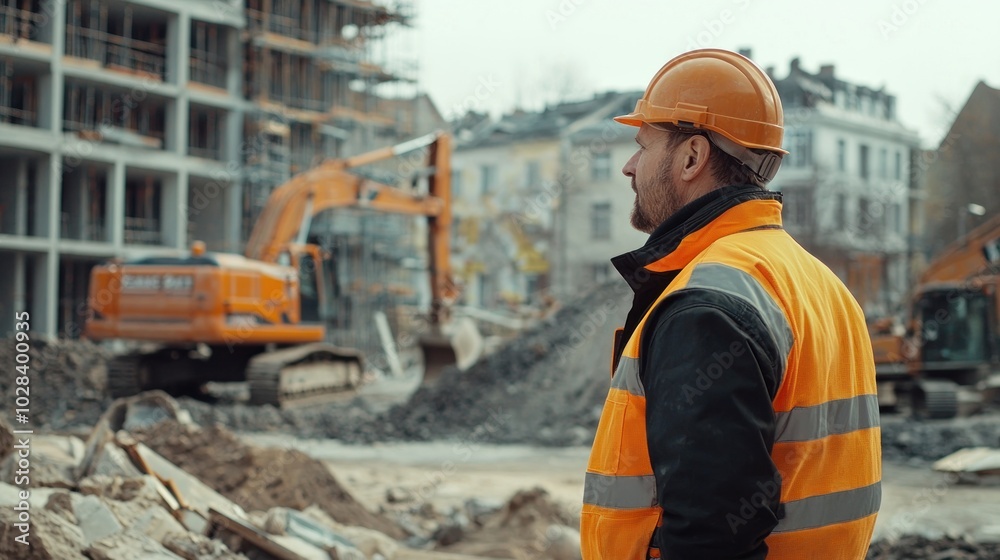 A construction worker dealing with a disturbance at a building site, emphasizing challenges and problem-solving