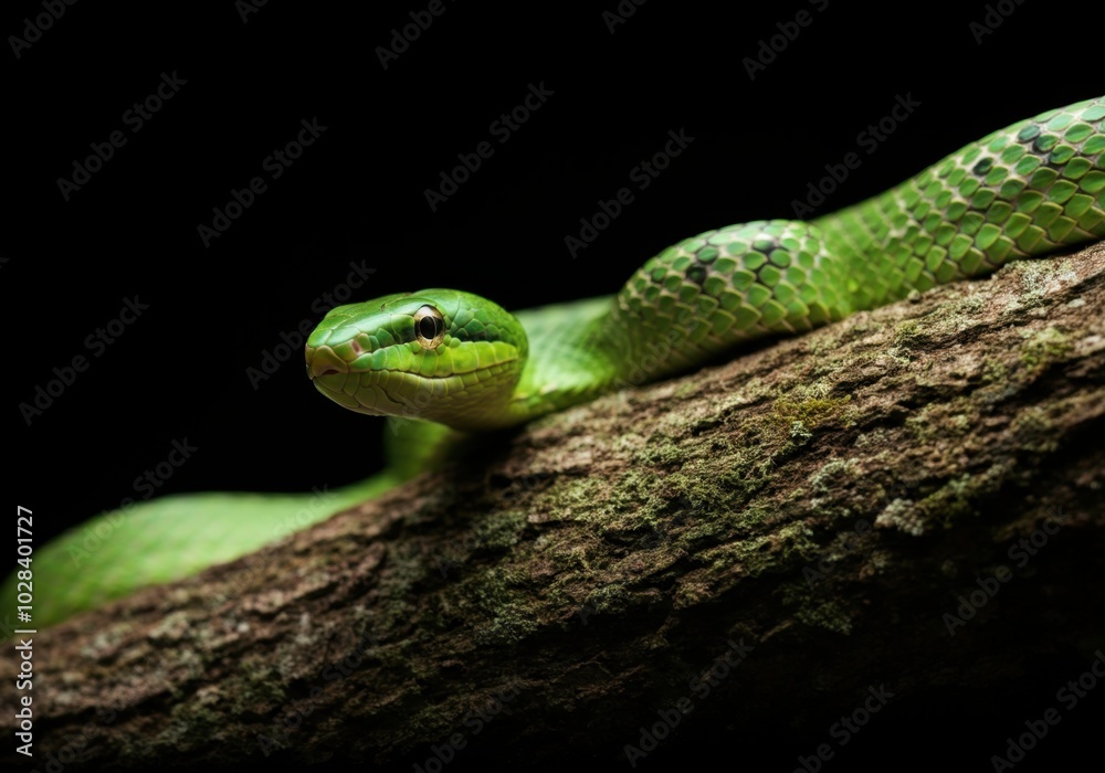 Fototapeta premium Vibrant green snake coiled on tree branch in dark forest setting