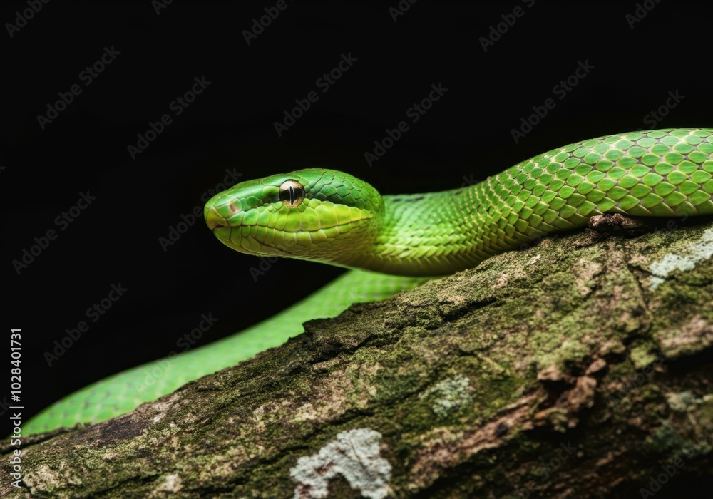 Vibrant green snake resting on tree branch in dark forest setting Vibrant green snake resting on tree branch in dark forest setting