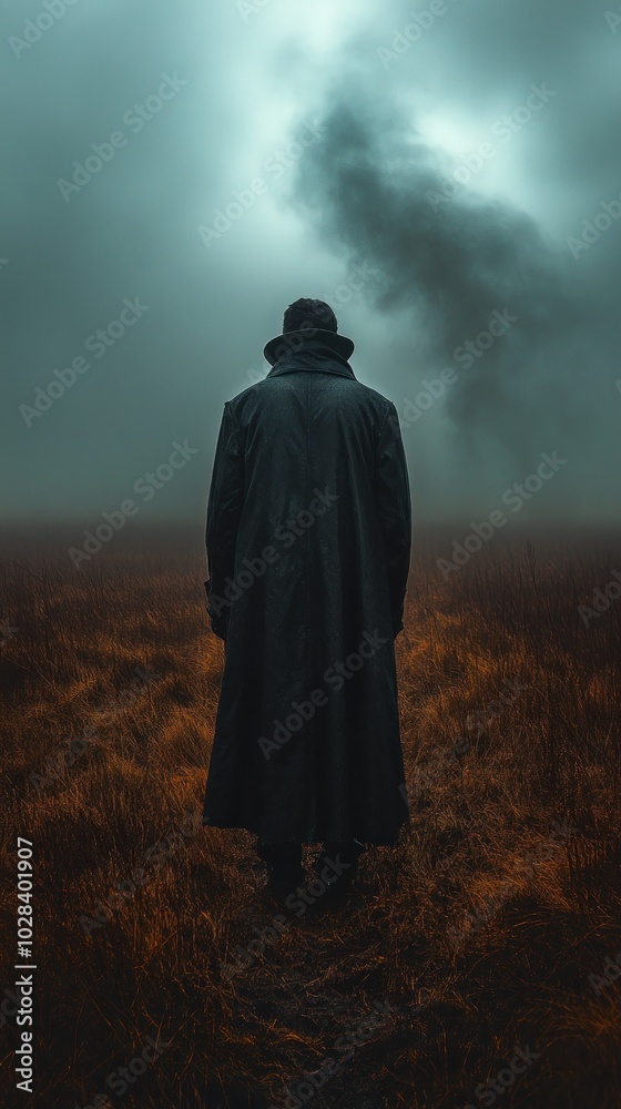 A figure in a long coat stands in a foggy landscape. A figure in a long coat stands in a foggy landscape.