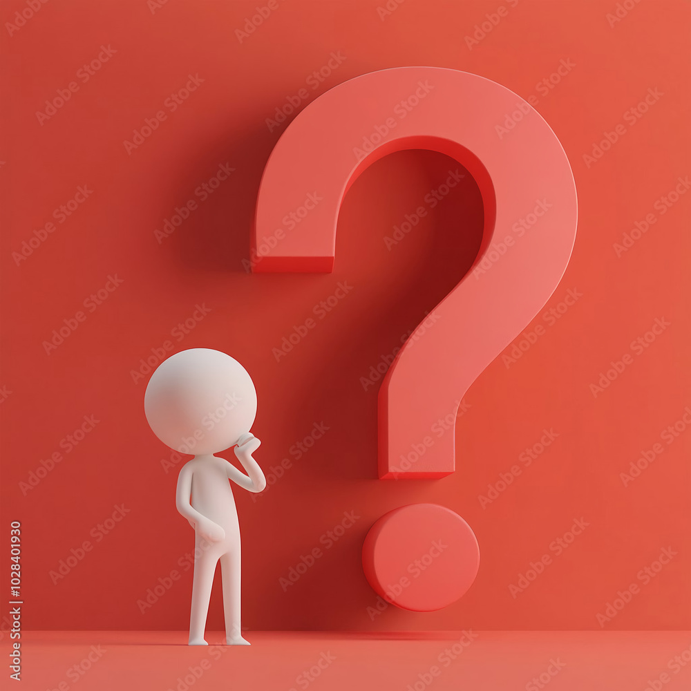 3D Figure Pondering Beside Large Red Question Mark, Curiosity and Uncertainty Concept 3D Figure Pondering Beside Large Red Question Mark, Curiosity and Uncertainty Concept