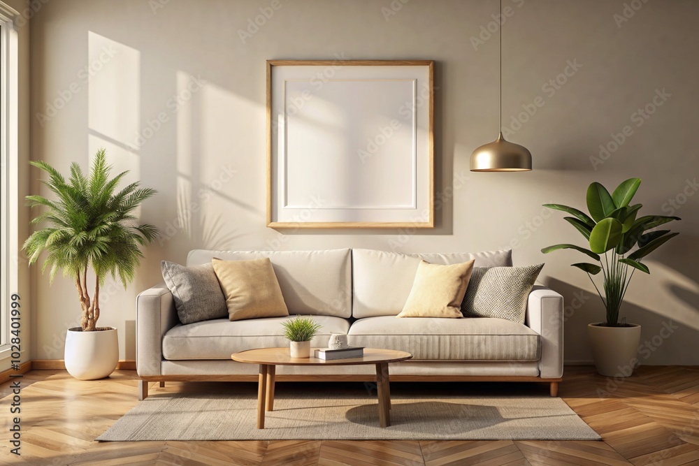 A living room with a white couch, a coffee table, and a potted plant A living room with a white couch, a coffee table, and a potted plant