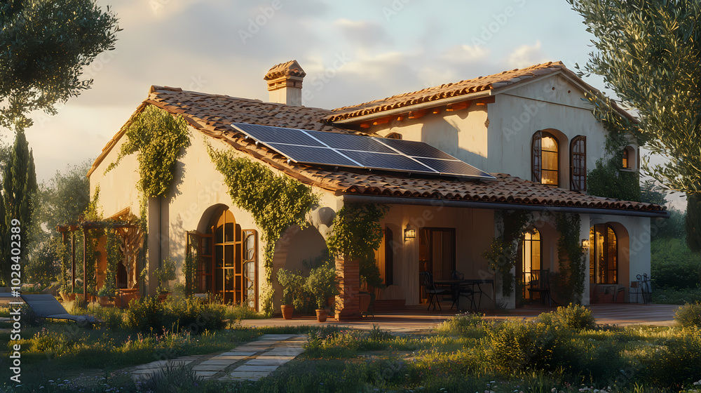 Obraz premium Solar-Powered House with Traditional Architecture