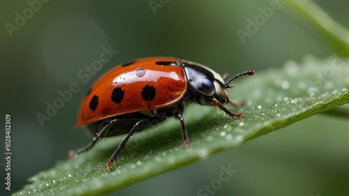 A red ladybug with black spots sits on a green leaf, close-up.