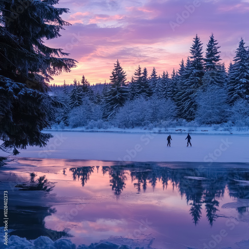 serene ice skating scene at twilight with forest reflection