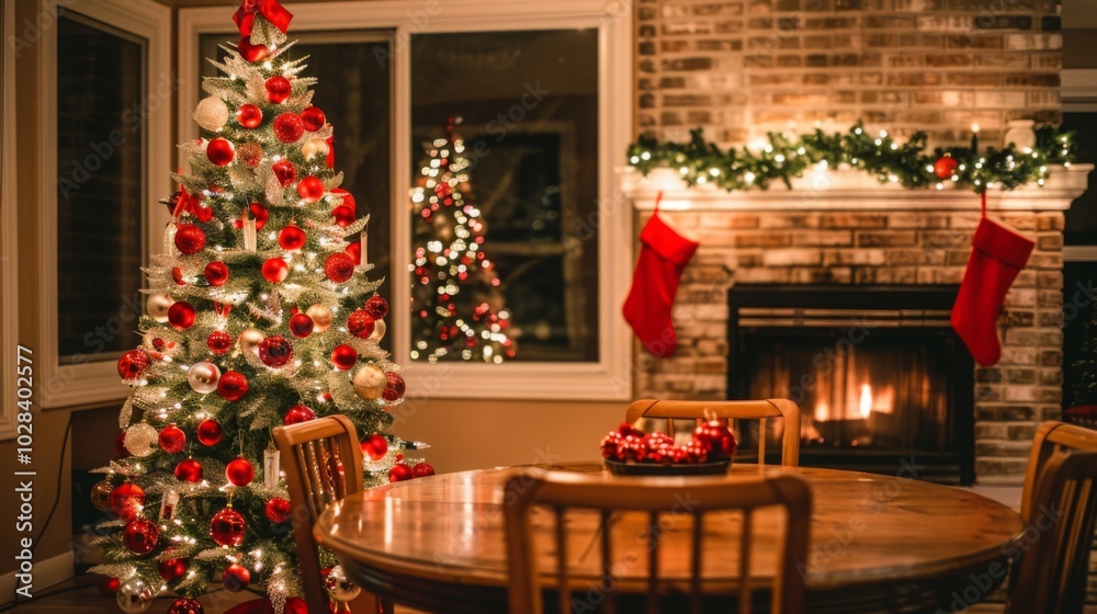 Festive Christmas Tree Decorated with Red Ornaments and Bokeh Lights on Wooden Table, Fireplace in Background, Perfect for Xmas Party or Event Banner Design. Festive Christmas Tree Decorated with Red Ornaments and Bokeh Lights on Wooden Table, Fireplace in Background, Perfect for Xmas Party or Event Banner Design.