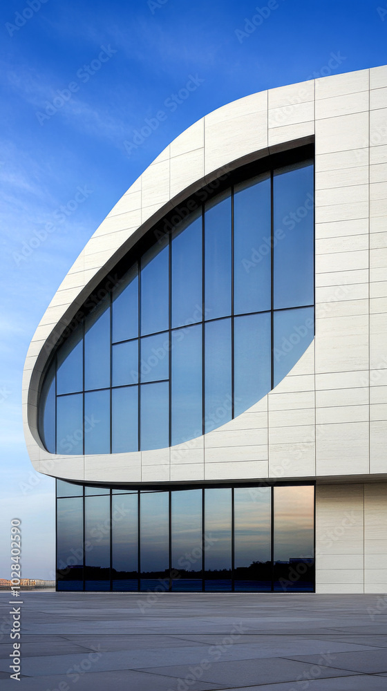 Obraz premium Modern architectural design featuring a large glass facade at sunset in an urban landscape