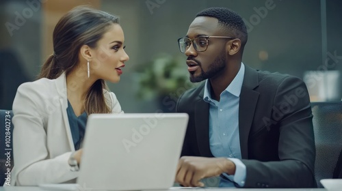 Two smart multiethnic business people working together with laptop while talking about job news in the office.