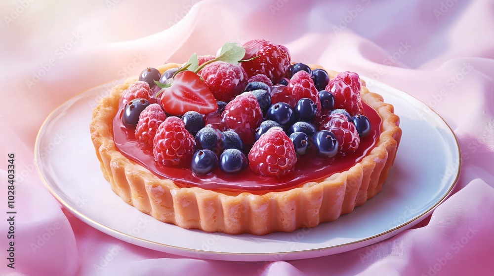 Delicious tart with fresh berries and a strawberry on top, on a white plate with a gold trim, on a soft pink background. Delicious tart with fresh berries and a strawberry on top, on a white plate with a gold trim, on a soft pink background.