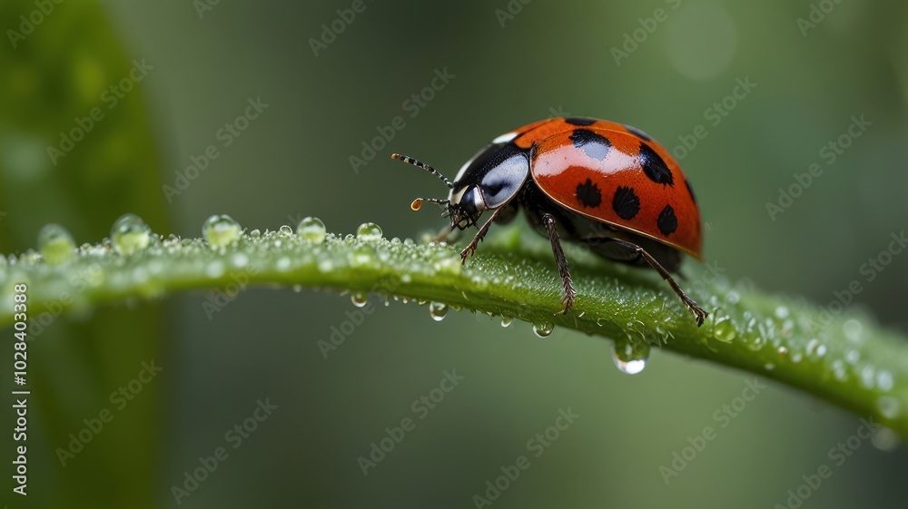 Fototapeta premium A ladybug with black spots on a red shell walks on a green leaf covered in dew drops.