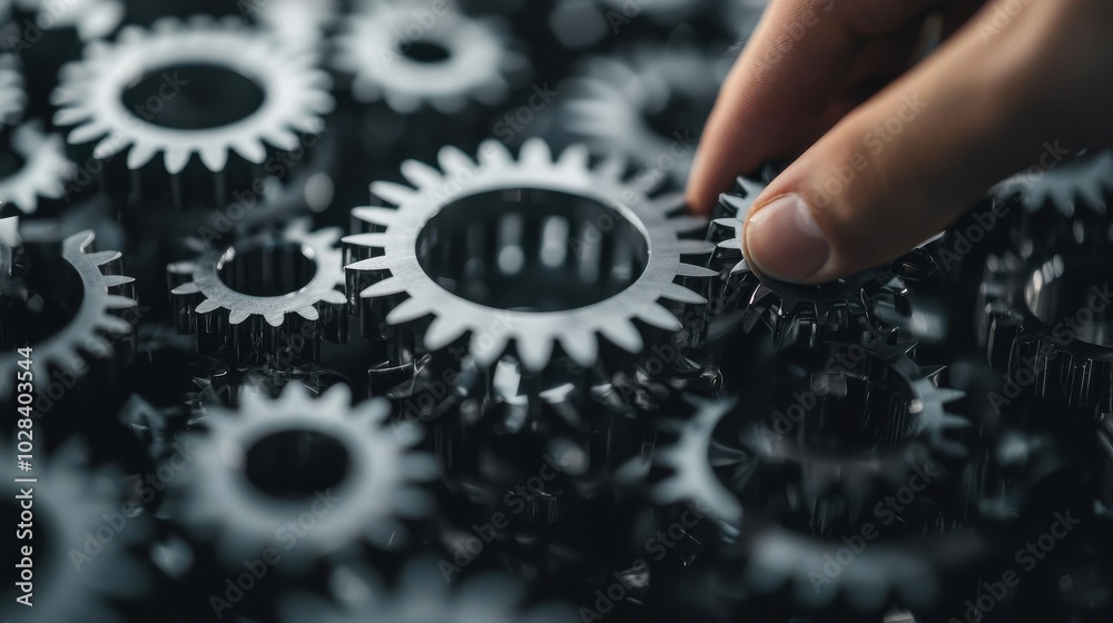 A hand pushing a large gear into place among other gears, all interconnected, representing the act of upskilling to contribute to a larger system or organization A hand pushing a large gear into place among other gears, all interconnected, representing the act of upskilling to contribute to a larger system or organization
