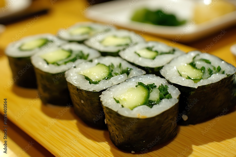 Close-up of Cucumber Maki Sushi Rolls on Wooden Plate. Close-up of Cucumber Maki Sushi Rolls on Wooden Plate.