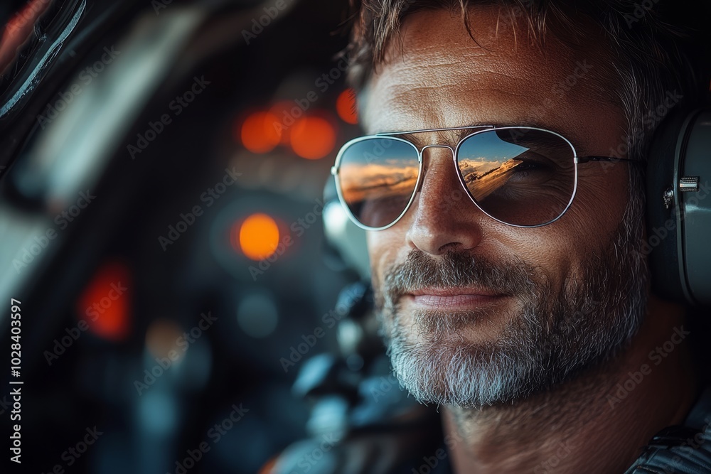 Man pilot wearing sunglasses and a blue shirt. He is smiling and looking at the camera. The image has a casual and relaxed mood. passager pilot. male. sunglasses. smiling Man pilot wearing sunglasses and a blue shirt. He is smiling and looking at the camera. The image has a casual and relaxed mood. passager pilot. male. sunglasses. smiling