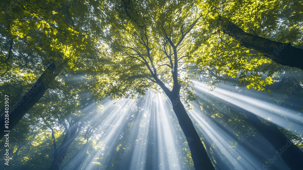 A canopy of trees in a forest, with rays of sunlight shining through the leaves. A canopy of trees in a forest, with rays of sunlight shining through the leaves.