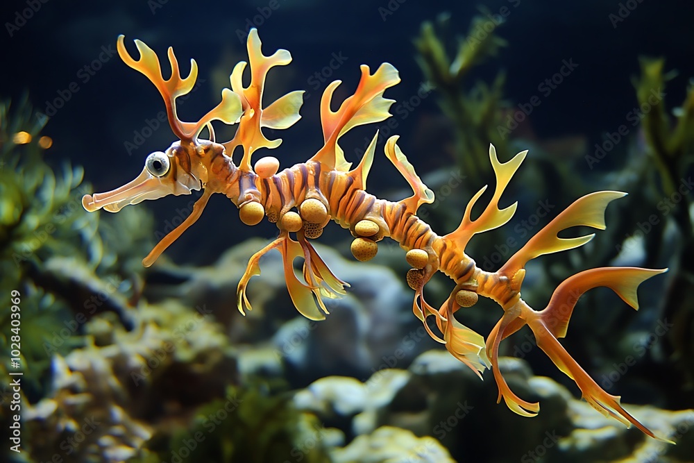 Fototapeta premium Close-up of a Leafy Seadragon Swimming in an Aquarium.