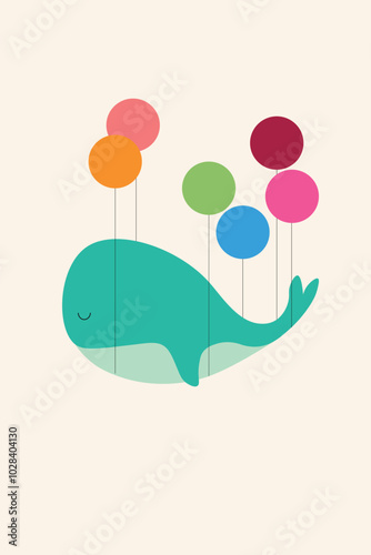 cute whale with colorful baloons